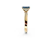 Side Accent Engagement Ring Setting for Fancy Blue Emerald Cut Center with Accent Shoulders and Prong Head in Yellow Gold
