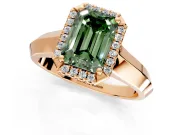 Halo Engagement Ring Setting for Fancy Green Emerald Cut Center with Knife Ridge Cathedral Band and Prong Head in Rose Gold