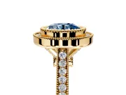 Halo Engagement Ring Setting for Fancy Blue Round Cut Center with Milgrain Frame, Pave Band and Prong Head in Yellow Gold