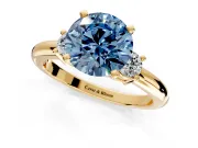 3 Stone Engagement Ring Setting for Fancy Blue Round Cut Center with Wide Plain Band and Prong Head in Yellow Gold