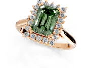 Starburst Halo Engagement Ring Setting for Fancy Green Emerald Cut Center with Thin Round-Wire Band and Prong Head in Rose Gold