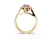 Halo Engagement Ring Setting for Fancy Pink Cushion Cut Center with Outer Bezel Rim, Pave Band and Prong Head in Yellow Gold