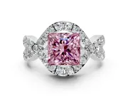 Halo Engagement Ring Setting for Fancy Pink Princess Cut Center with Pave Infinity Twist Band and Prong Head in White Gold
