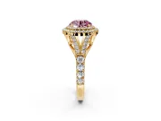 Double Halo Engagement Ring Setting for Fancy Pink Round Cut Center with Narrow Pave Split Shank and Prong Head in Yellow Gold