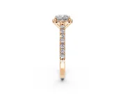 Halo Engagement Ring Setting for Cushion Cut Center with Full Pave Band and Prong Head in Rose Gold