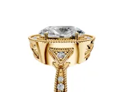 Halo Engagement Ring Setting for Oval Center with Milgrain Rim, Pave Band and Prong Head in Yellow Gold