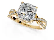 Solitaire Engagement Ring Setting for Cushion Cut Center with Narrow Twist Pave Band and Prong Head in Yellow Gold