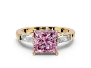 3 Stone Engagement Ring Setting for Fancy Pink Princess Cut Center with Tapered Baguettes, Plain Band and Prong Head in Yellow Gold