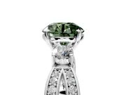 3 Stone Engagement Ring Setting for Fancy Green Round Cut Center with Pave Twist Band and Prong Head in Sterling Silver