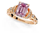 Solitaire Engagement Ring Setting for Fancy Pink Emerald Cut Center with Filigree Band and Prong Head in Rose Gold