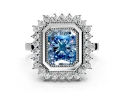 Halo Engagement Ring Setting for Fancy Blue Radiant Cut Center with Milgrain Bezel Rim, Plain Band and Prong Head in Platinum