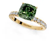 Open Basket Engagement Ring Setting for Fancy Green Cushion Cut Center with Pave Band and Prong Head in Yellow Gold