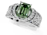 Pave Engagement Ring Setting for Fancy Green Emerald Cut Center with Curved Accent Rows, Openwork and Prong Head in Platinum