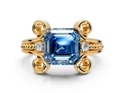 Solitaire Engagement Ring Setting for Fancy Blue Asscher Cut Center with Twisted Band and Scroll Prong Head in Yellow Gold
