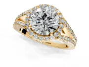 Halo Engagement Ring Setting for Round Cut Center with Pave Split Shank and Prong Head in Yellow Gold