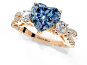 3 Stone Engagement Ring Setting for Fancy Blue Heart-Shaped Center with Pave Split Shank and Prong Head in Rose Gold