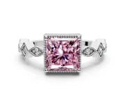 Milgrain Bezel Engagement Ring Setting for Fancy Pink Princess Cut Center with Marquise Stations and Bezel Head in Sterling Silver
