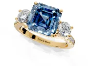 3 Stone Engagement Ring Setting for Fancy Blue Asscher Cut Center with Crossover Basket, Pave Band and Prong Head in Yellow Gold