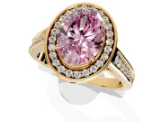 Halo Engagement Ring Setting for Fancy Pink Oval Center with Outer Bezel Rim, Pave Band and Prong Head in Yellow Gold