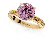Solitaire Engagement Ring Setting for Fancy Pink Round Cut Center with Scrollwork Band and Prong Head in Yellow Gold