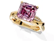 Solitaire Engagement Ring Setting for Fancy Pink Asscher Cut Center with Pave and Plain Crossover and Basket Head in Yellow Gold