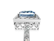 Halo Engagement Ring Setting for Fancy Blue Princess Cut Center with Heart-Shaped Openwork, Pave Band and Prong Head in White Gold