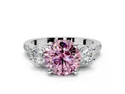 3 Stone Engagement Ring Setting for Fancy Pink Round Cut Center with Crossover Basket, Pave Band and Prong Head in Platinum