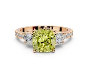 3 Stone Engagement Ring Setting for Fancy Yellow Cushion Cut Center with Round Cut Side Accents and Prong Head in Rose Gold