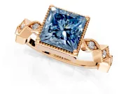 Milgrain Bezel Engagement Ring Setting for Fancy Blue Princess Cut Center with Marquise Stations and Bezel Head in Rose Gold