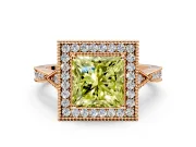 Halo Engagement Ring Setting for Fancy Yellow Princess Cut Center with Milgrain Rim, Pave Band and Prong Head in Rose Gold