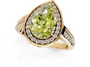 Halo Engagement Ring Setting for Fancy Yellow Pear-Shaped Center with Outer Bezel Rim, Pave Band and Prong Head in Yellow Gold