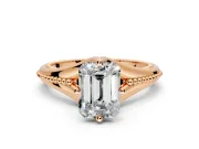 Solitaire Engagement Ring Setting for Emerald Cut Center with Milgrain Cathedral Band and Prong Head in Rose Gold