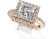 Pave Halo Engagement Ring Setting for Princess Cut Center with Single Row Pave Band and Prong Head in Rose Gold