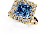 Single Halo Engagement Ring Setting for Fancy Blue Asscher Cut Center with Corner Claws, Plain Band and Prong Head in Yellow Gold