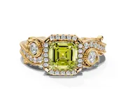 Milgrain Halo Engagement Ring Setting for Fancy Yellow Asscher Cut Center with Shoulder Bezels and Prong Head in Yellow Gold