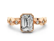 Milgrain Bezel Engagement Ring Setting for Emerald Cut Center with Marquise Stations and Bezel Head in Rose Gold