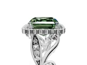 Halo Engagement Ring Setting for Fancy Green Asscher Cut Center with Leaf Motif Split Shank and Prong Head in White Gold