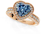Milgrain Halo Engagement Ring Setting for Fancy Blue Heart-Shaped Center with Wide Pave Band and Prong Head in Rose Gold
