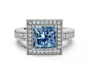 Milgrain Halo Engagement Ring Setting for Fancy Blue Princess Cut Center with Pave Band and Prong Head in Platinum