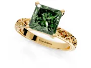 Solitaire Engagement Ring Setting for Fancy Green Princess Cut Center with Milgrain X Pattern Band and Prong Head in Yellow Gold