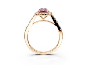 Halo Engagement Ring Setting for Fancy Pink Emerald Cut Center with Narrowing Pave Band and Prong Head in Rose Gold
