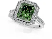 Halo Engagement Ring Setting for Fancy Green Radiant Cut Center with Milgrain Pave Band and Bezel Head in White Gold