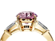 3 Stone Engagement Ring Setting for Fancy Pink Round Cut Center with Baguette Accents and Prong Head in Yellow Gold