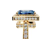 Halo Engagement Ring Setting for Fancy Blue Emerald Cut Center with Metal-Rimmed Halo, Pave Band and Prong Head in Yellow Gold