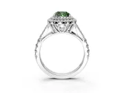 Double Halo Engagement Ring Setting for Fancy Green Cushion Cut Center with Narrow Pave Split Shank and Prong Head in White Gold