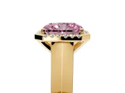 Halo Engagement Ring Setting for Fancy Pink Radiant Cut Center with Knife Ridge Cathedral Band and Prong Head in Yellow Gold