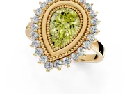 Halo Engagement Ring Setting for Fancy Yellow Pear-Shaped Center with Milgrain Bezel Rim, Plain Band and Prong Head in Yellow Gold