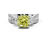 3 Stone Engagement Ring Setting for Fancy Yellow Cushion Cut Center with Pave Twist Band and Prong Head in Sterling Silver