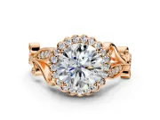 Halo Engagement Ring Setting for Round Cut Center with Leaf Motif Split Shank and Prong Head in Rose Gold