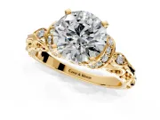 Solitaire Engagement Ring Setting for Round Cut Center with Filigree Band and Prong Head in Yellow Gold